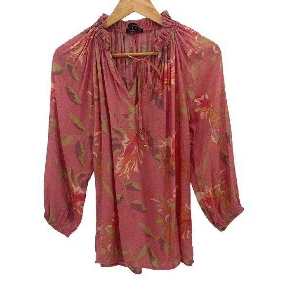 Harve Benard Womens Floral 3/4 Sleeve Tie Neck Soft Texture Blouse Coral Medium